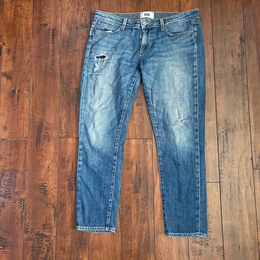 Paige Skyline Ankle Peg Jeans Womens 31 Blue Medium Wash Distressed Skinny USA